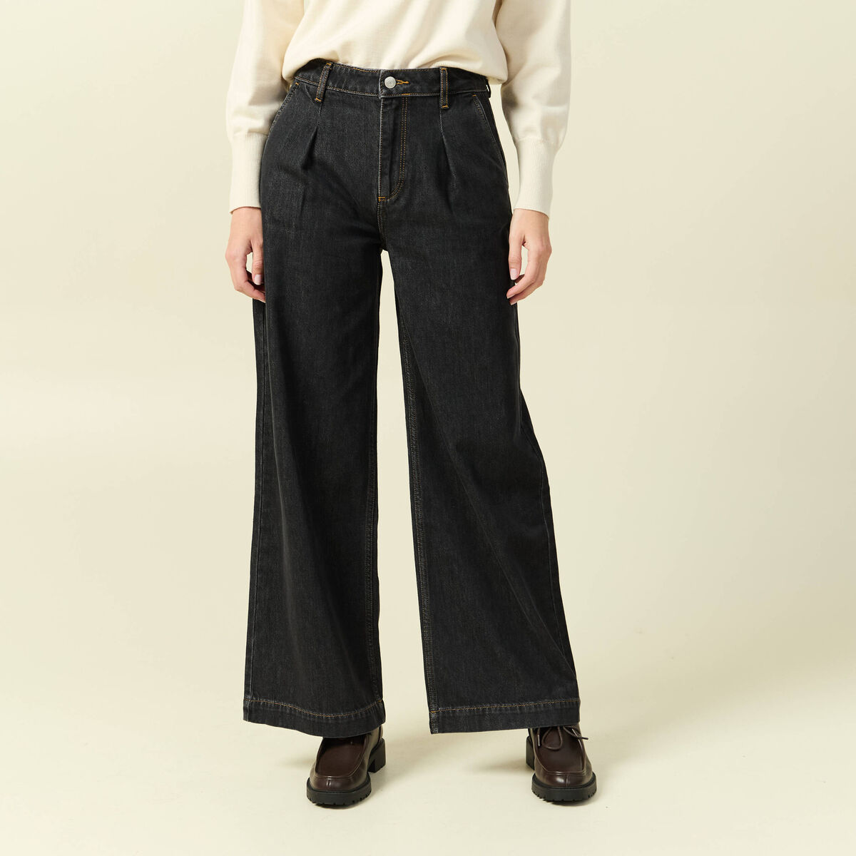 Jeans large taille haute denim gris femme