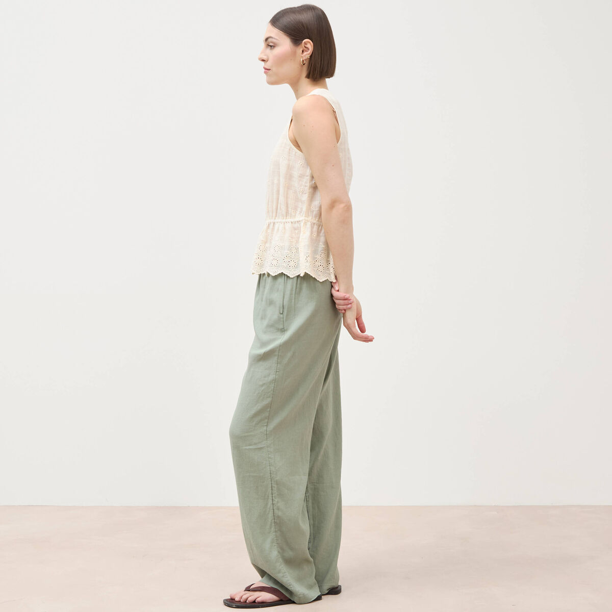 Pantalon standard fluide vert kaki femme