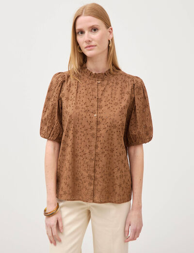 Chemise en coton manches coude marron femme