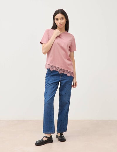 T-shirt droit col rond avec dentelle vieux rose femme