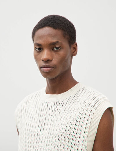 Pull sans manches col rond en coton ecru homme