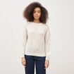 Pull droit brod&eacute; manches longues creme femme