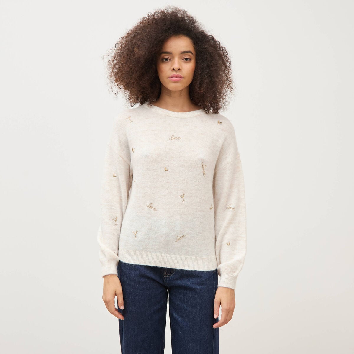 Pull droit brod&eacute; manches longues creme femme