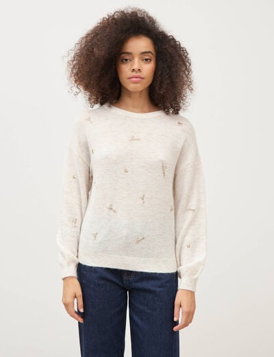 Pull droit brod&eacute; manches longues creme femme