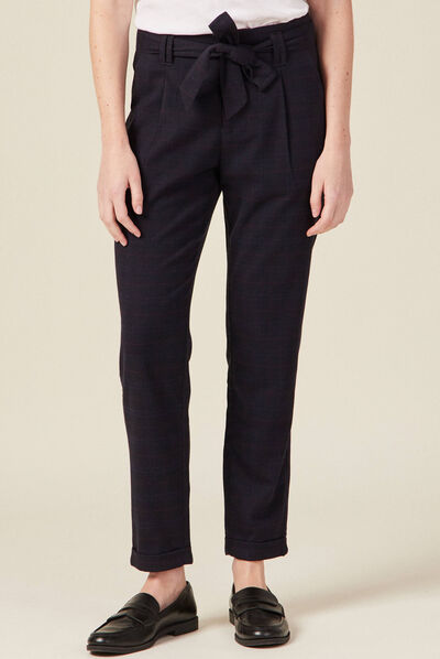 Pantalon carotte ceinturé bleu marine femme