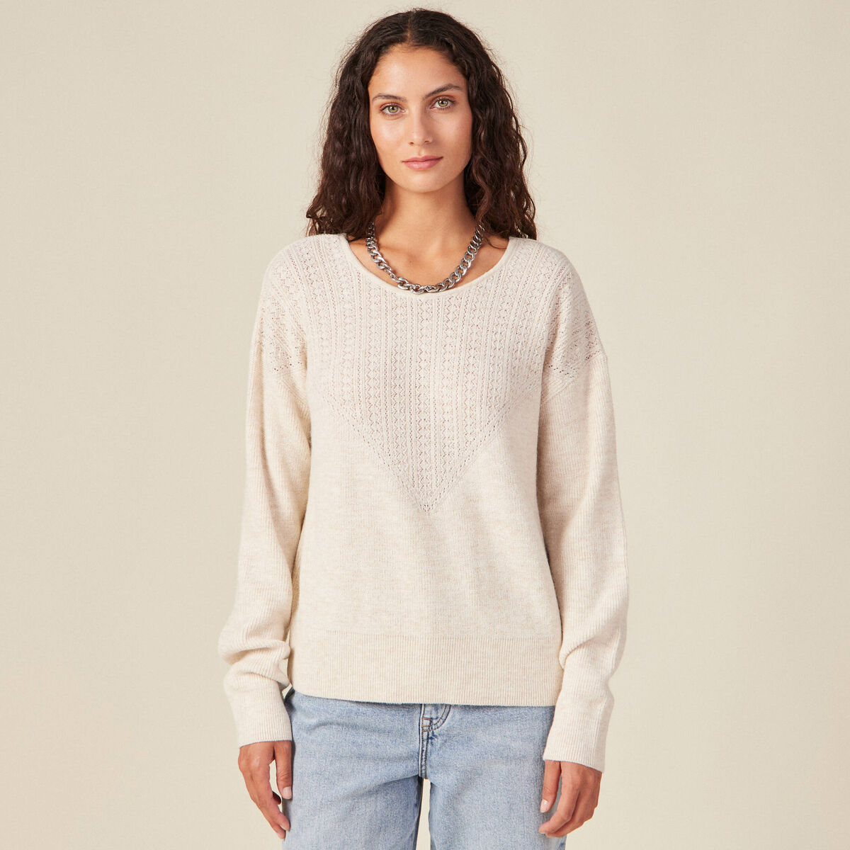 Pull manches longues creme femme