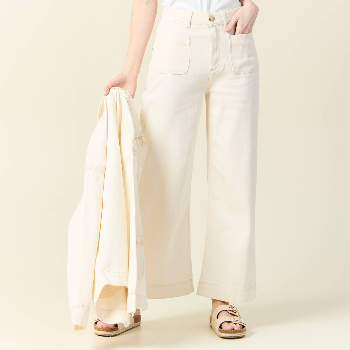 Pantalon large denim blanc femme