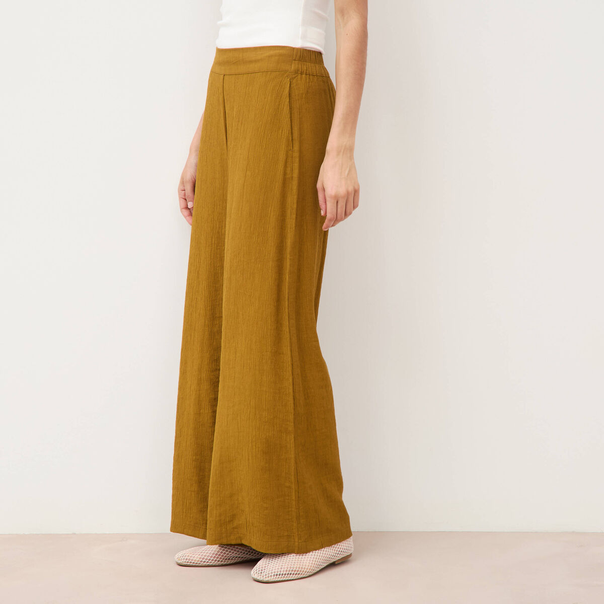 Pantalon large taille haute fluide vert olive femme