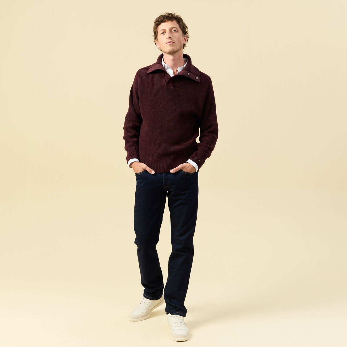 Pull droit manches longues bordeaux homme