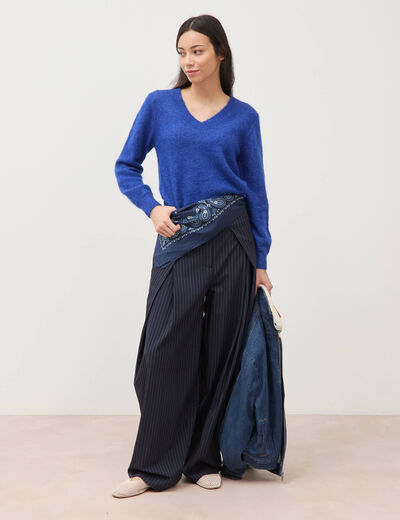 Pull droit col v manches longues bleu electrique femme