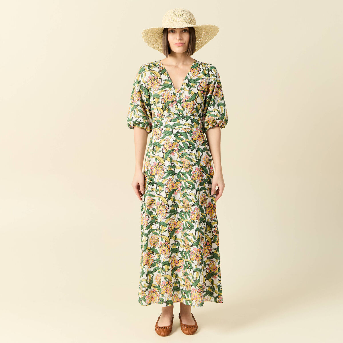 Robe longue évasée blanc femme