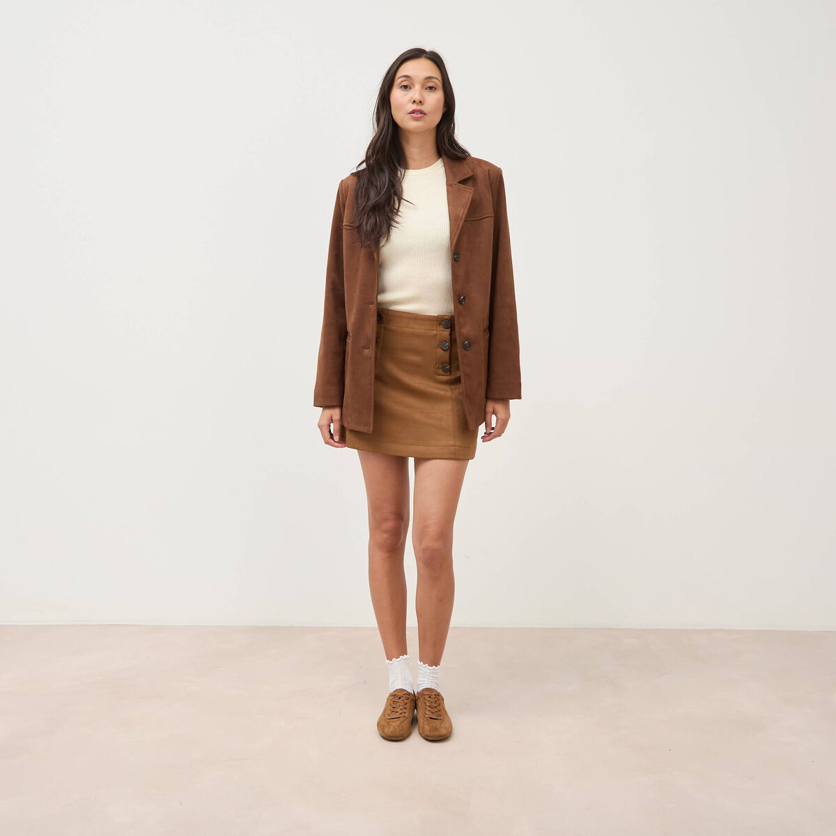 Blazer col tailleur manches longues marron fonc&eacute; femme