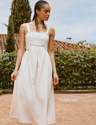 Robe en coton &agrave; bretelles col carr&eacute; ivoire femme