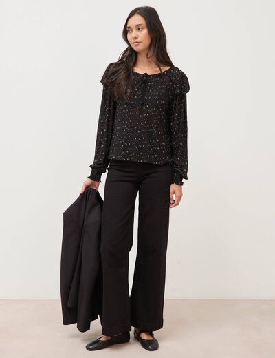 Blouse droite manches longues col rond noir femme