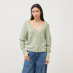 Gilet ajour&eacute; col V manches longues vert pastel femme