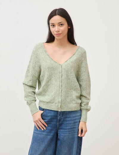 Gilet ajour&eacute; col V manches longues vert pastel femme