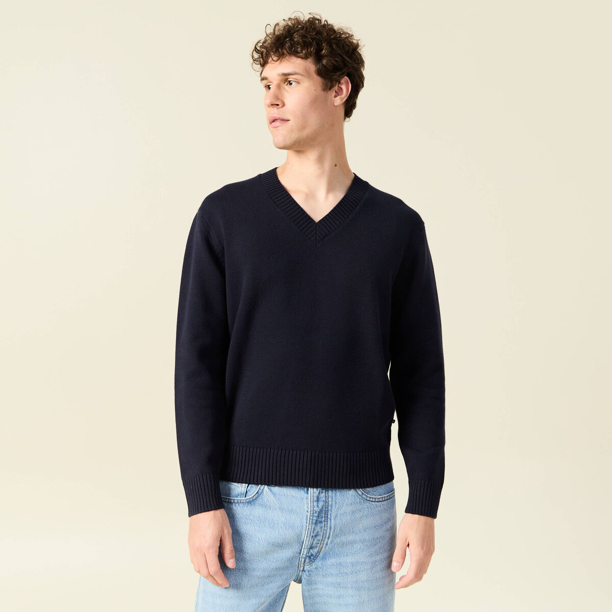 Pull fin col v manches longues bleu marine homme