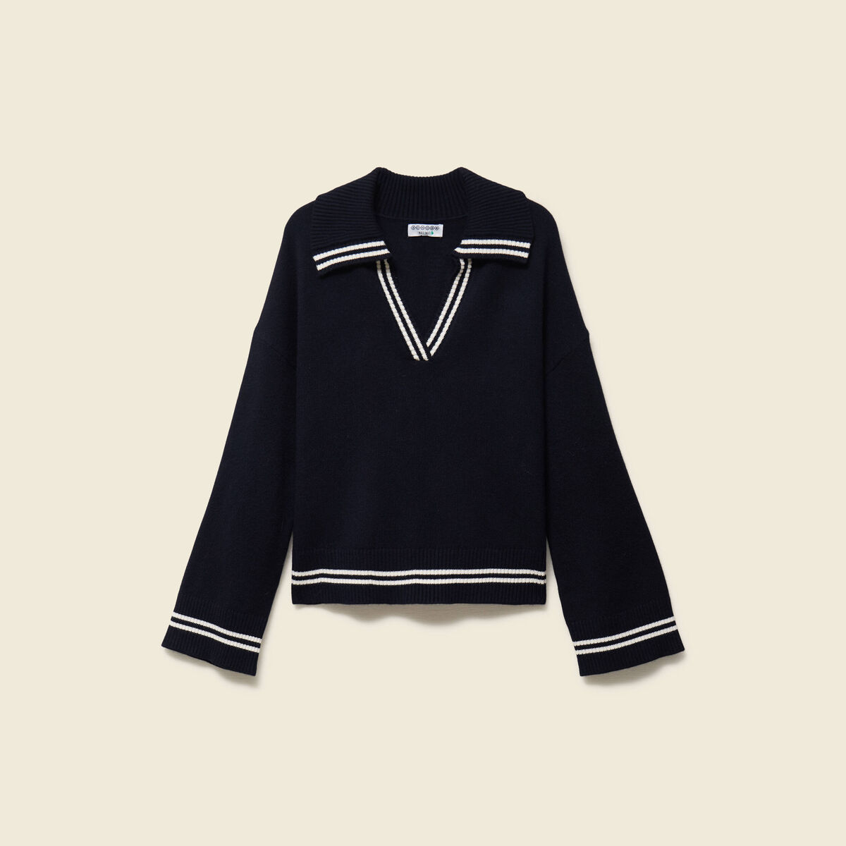 Pull col polo manches longues bleu marine femme