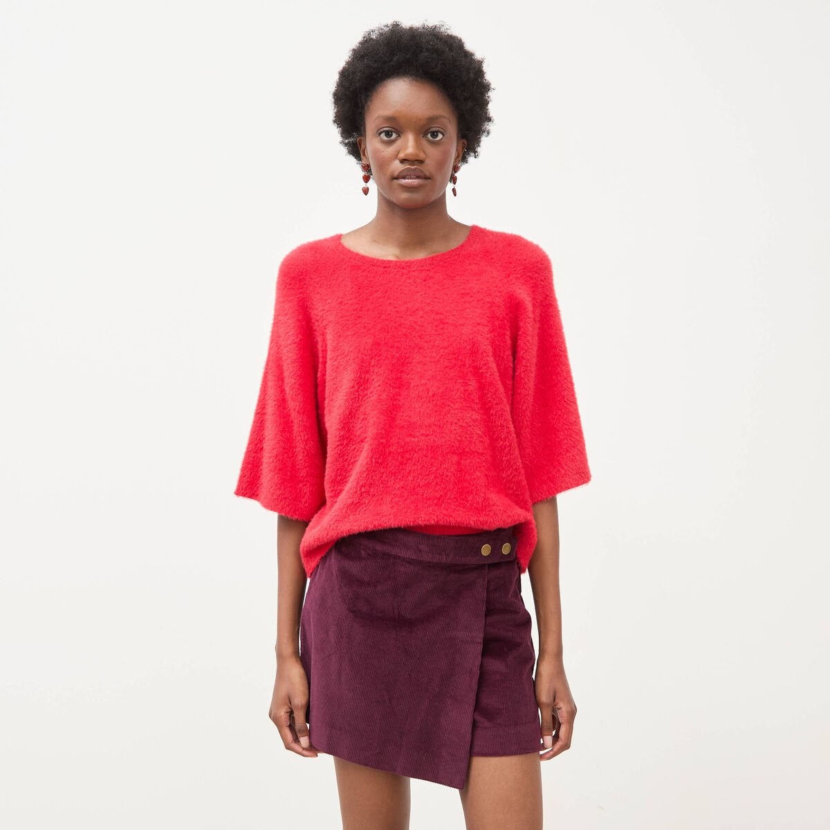 Jupe taille haute en velours prune femme