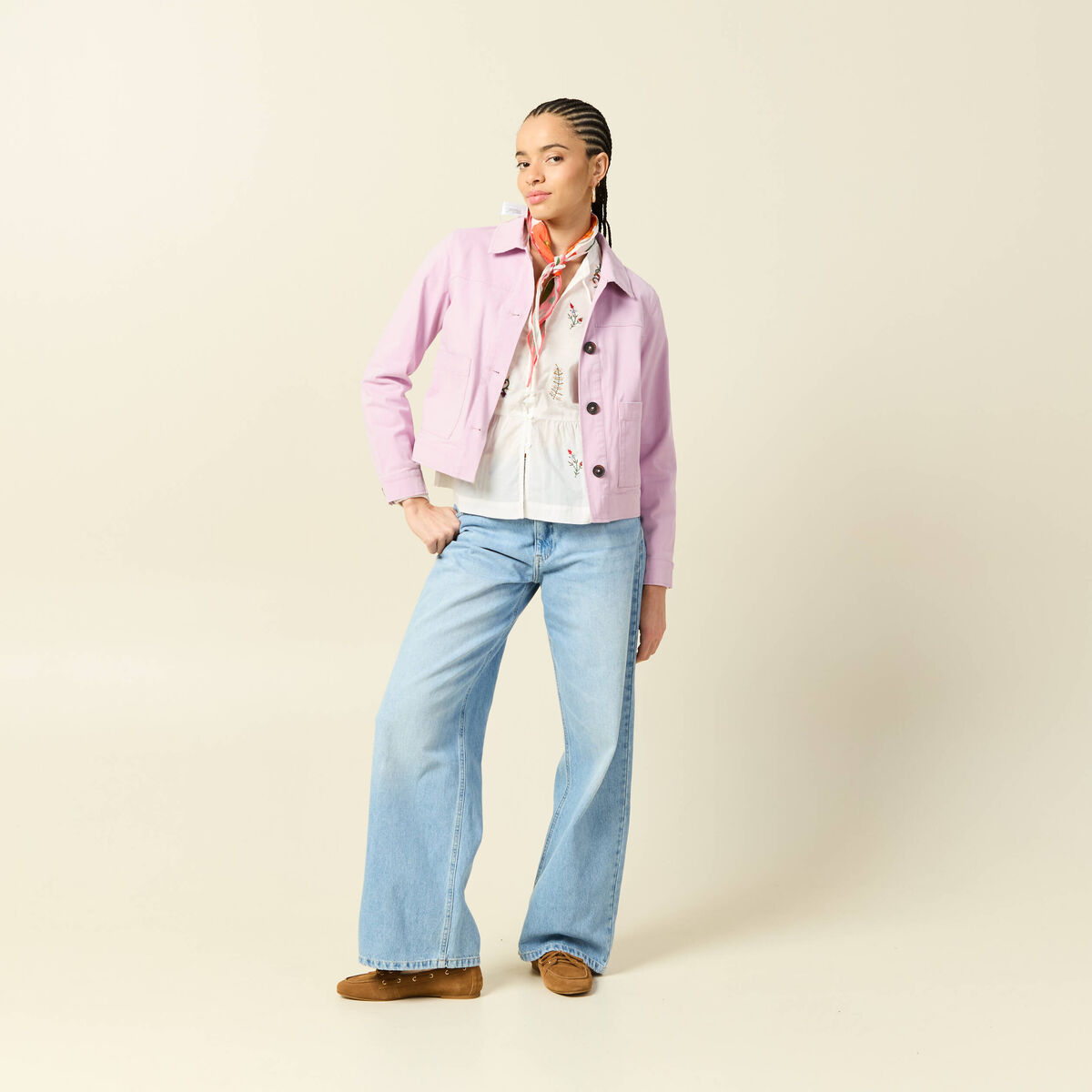 Chemise brod&eacute;e en coton manches longues ecru femme