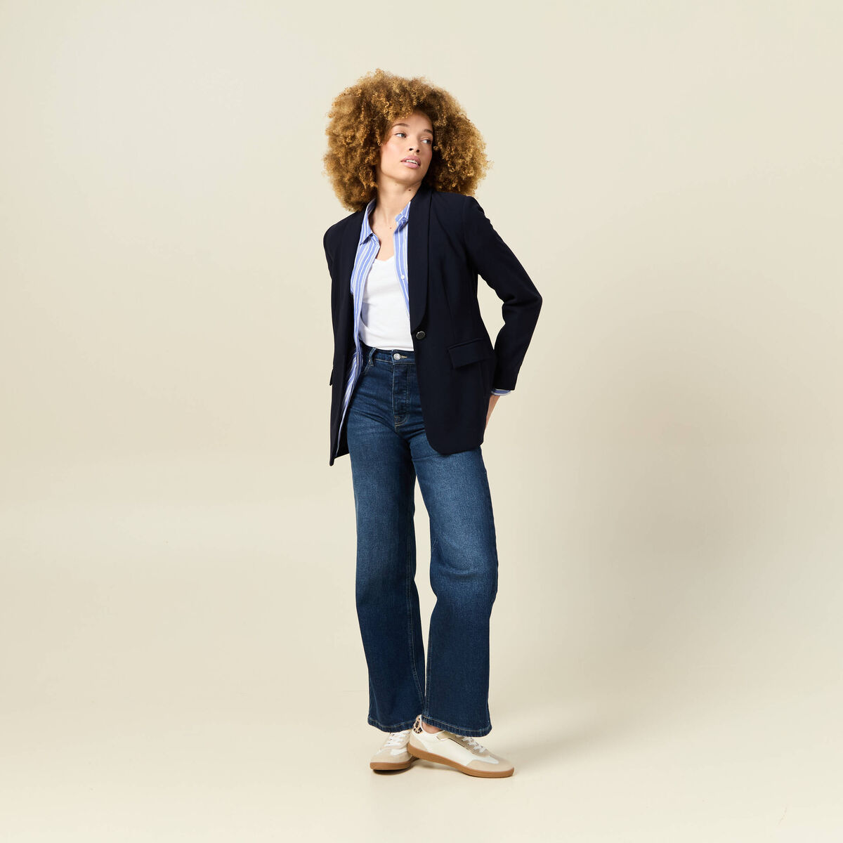 Veste blazer col châle bleu marine femme