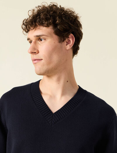 Pull fin col v manches longues bleu marine homme