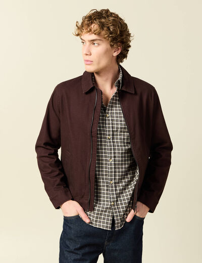 Blouson droit court en coton marron fonc&eacute; homme