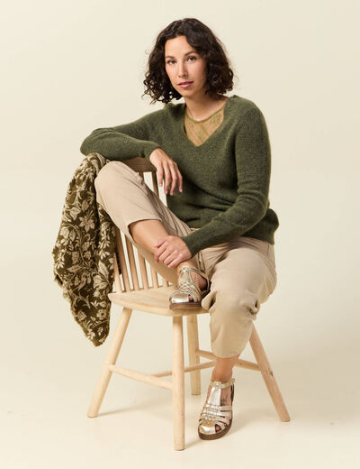 Pull col V manches longues vert kaki femme