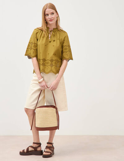 Blouse en coton manches courtes dentelle vert kaki femme