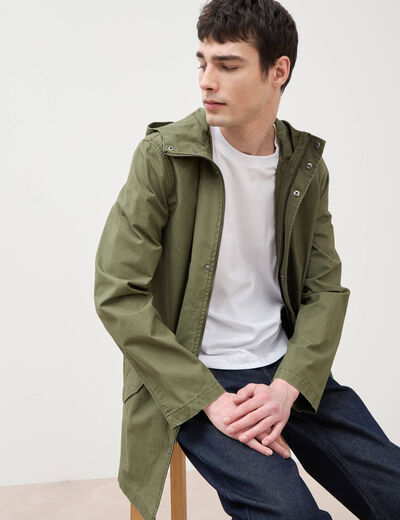 Parka droite mi-longue &agrave; capuche vert kaki homme