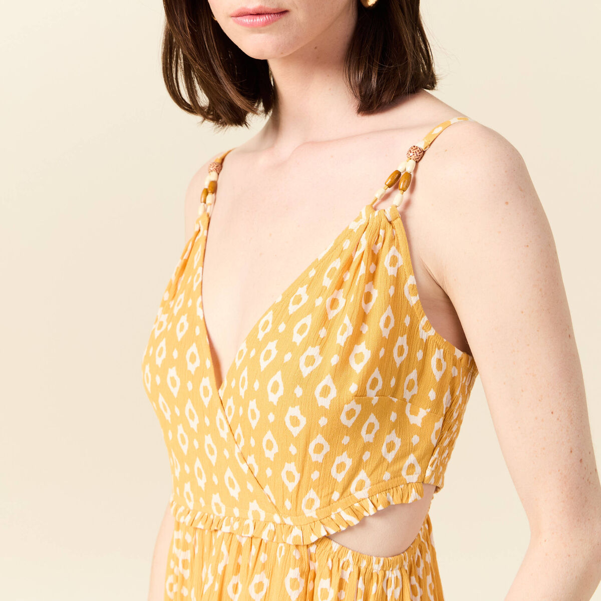 Robe longue évasée à perles jaune femme