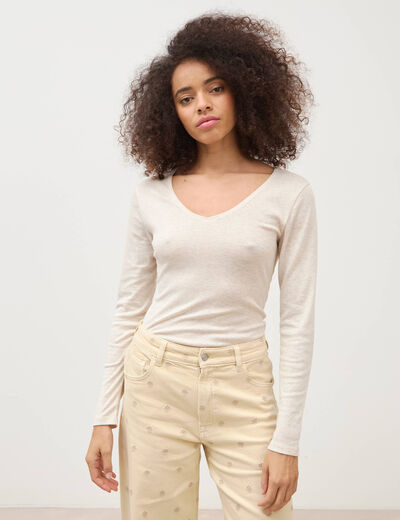 T-shirt cintr&eacute; col v manches longues beige femme