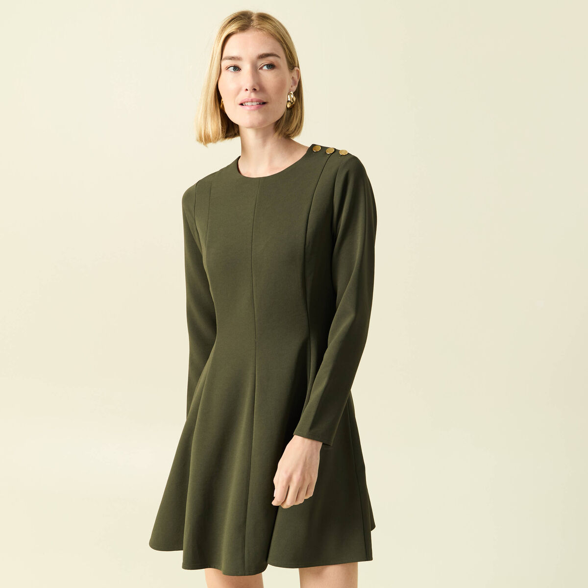 Robe fluide manches longues col rond vert kaki femme
