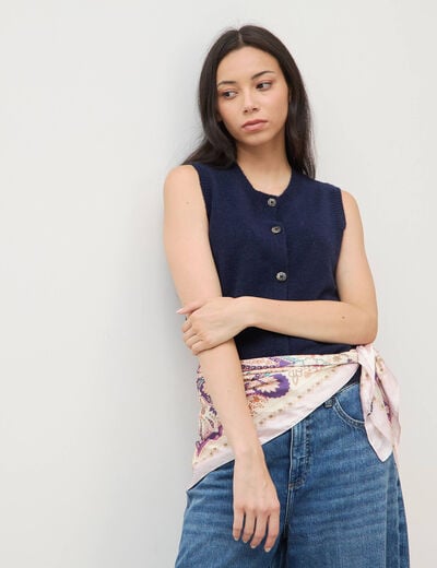 Pull droit court sans manches col rond bleu marine femme