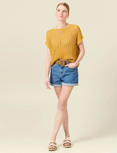 Pull ajouré éco-responsable jaune femme