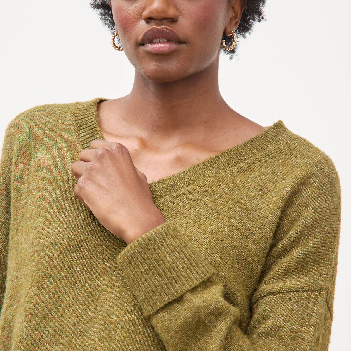 Pull droit col v manches longues vert kaki femme