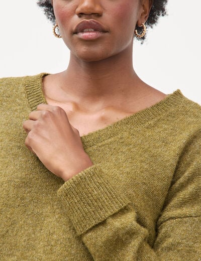 Pull droit col v manches longues vert kaki femme