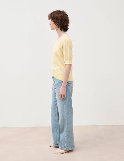 Pull ajour&eacute; droit court manches courtes jaune clair femme