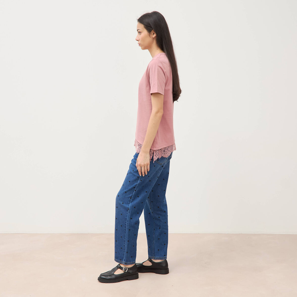 T-shirt droit col rond avec dentelle vieux rose femme