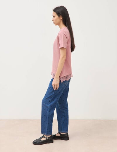 T-shirt droit col rond avec dentelle vieux rose femme