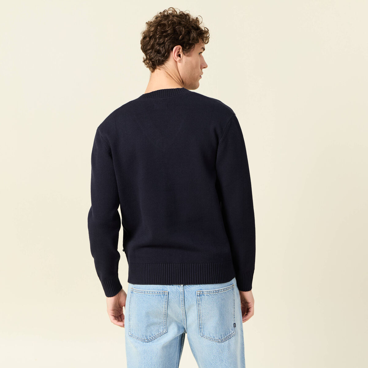 Pull fin col v manches longues bleu marine homme