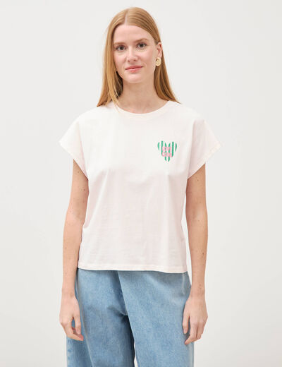 T-shirt droit col rond manches courtes rose poudr&eacute;e femme