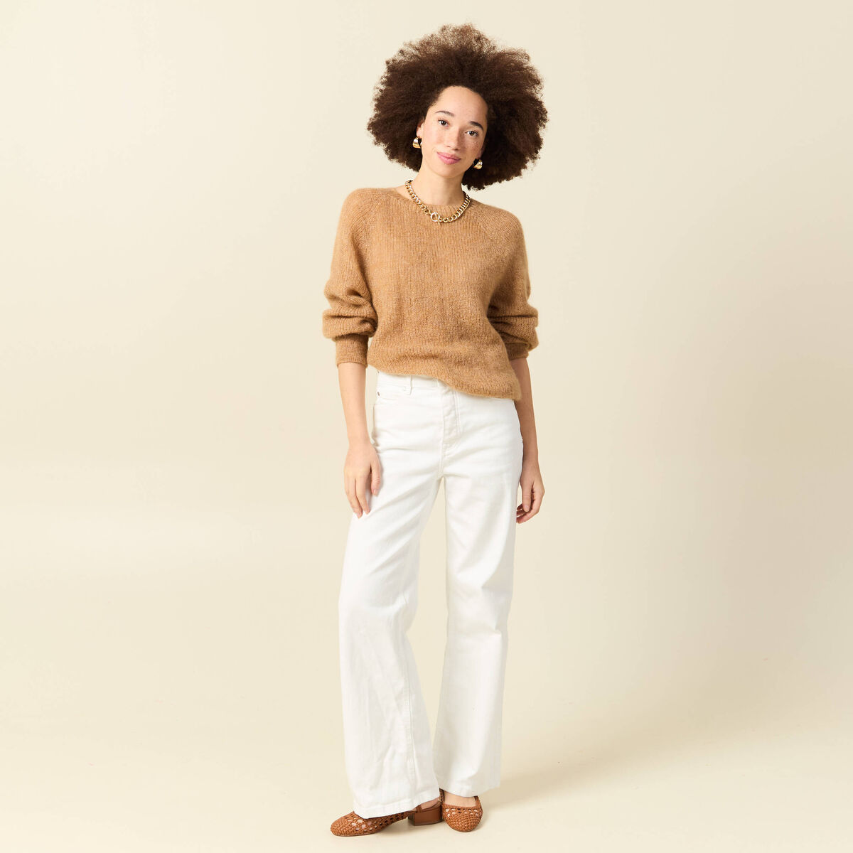 Pull manches longues col rond camel femme