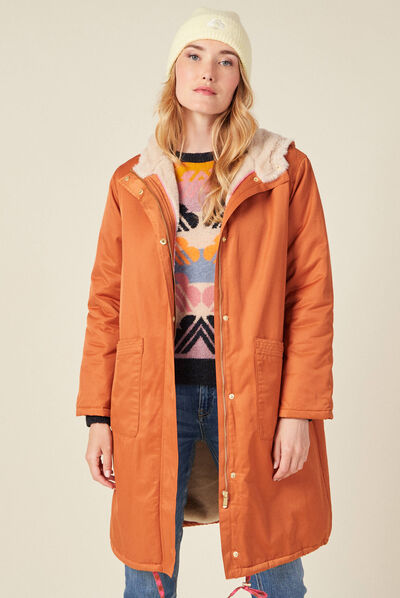 Parka droite à capuche doublée orange foncé femme