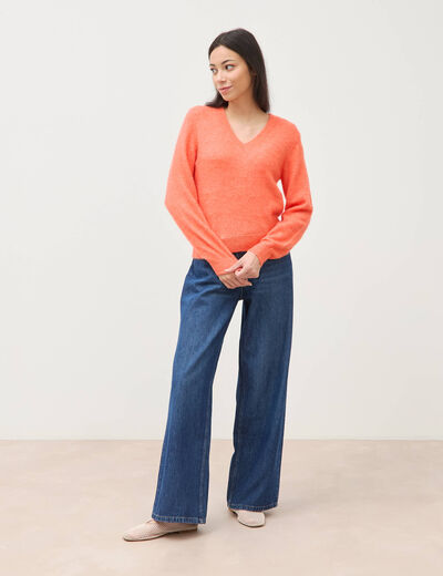Pull droit col v manches longues rose corail femme