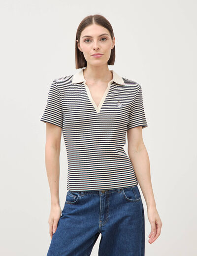 Polo ray&eacute; en coton manches courtes ecru femme
