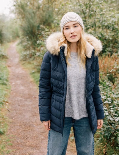Doudoune à capuche fourrure bleu foncé femme