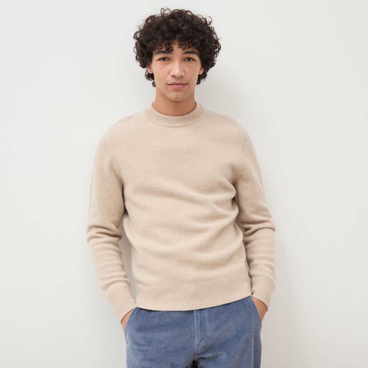 Pull droit col rond manches longues sable homme
