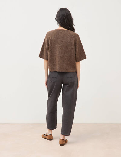 Pull droit court col v manches courtes marron femme