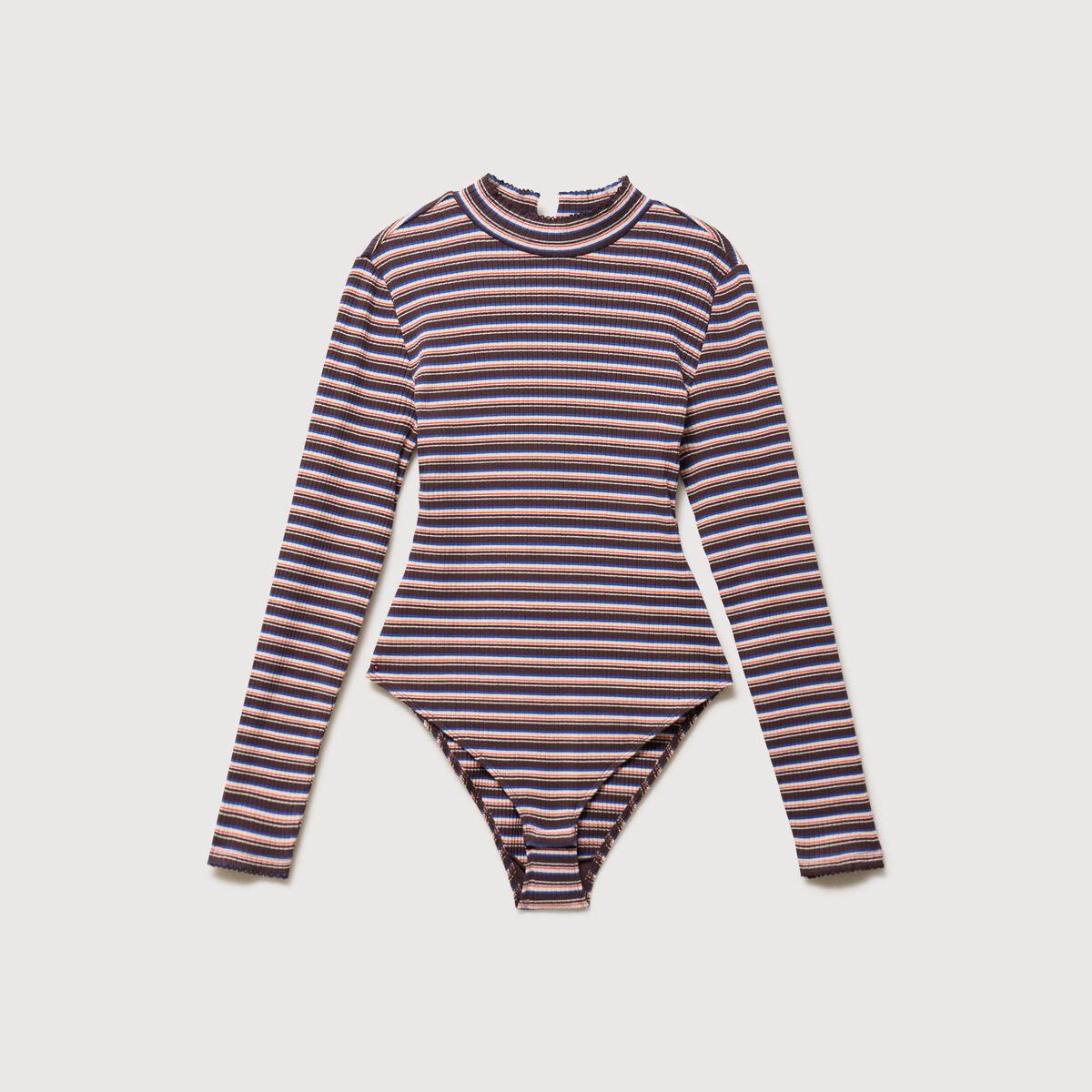 Body ray&eacute; col montant manches longues marron femme